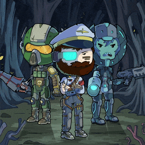 a group of cartoon characters standing next to each other including a man with a beard