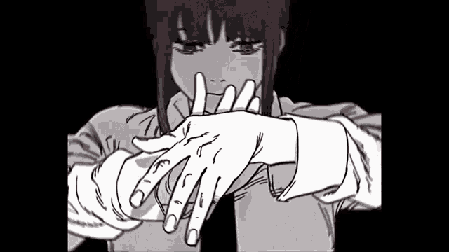 a black and white drawing of a girl with her hands on her face .