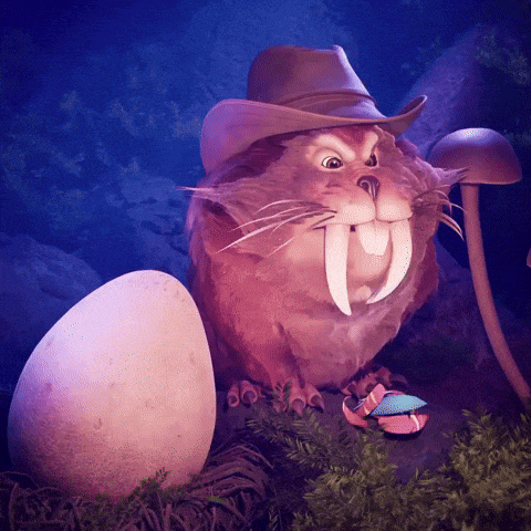 a cartoon character wearing a cowboy hat is next to a large egg