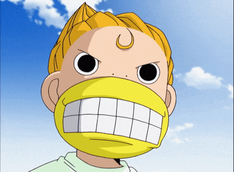 a cartoon character wearing a yellow mask with white squares on it