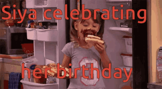 a little girl is eating a hot dog in front of a refrigerator with the words siya celebrating her birthday