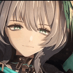 a close up of a girl 's face with gray hair and green eyes .
