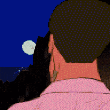 a pixel art of a person 's face with a full moon behind them