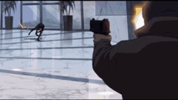 a man is pointing a gun at a person in a video game