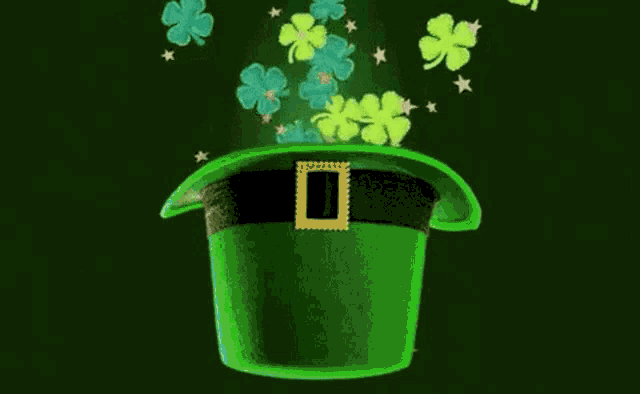 a green leprechaun hat with clovers coming out of it on a green background .