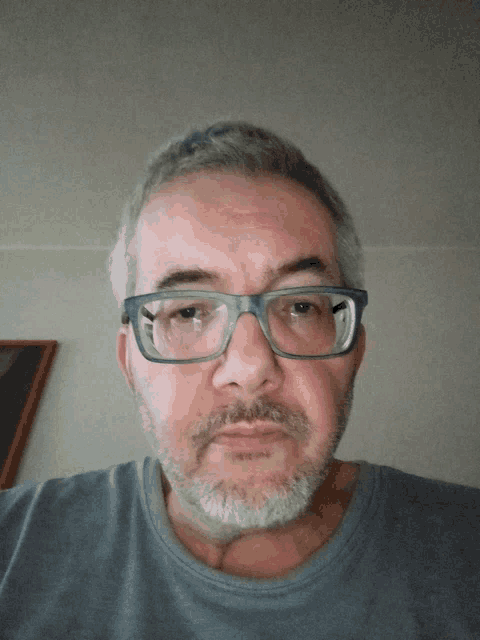 a man wearing glasses and a gray shirt looks at the camera