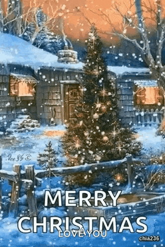 a merry christmas greeting card with a christmas tree and a house in the snow