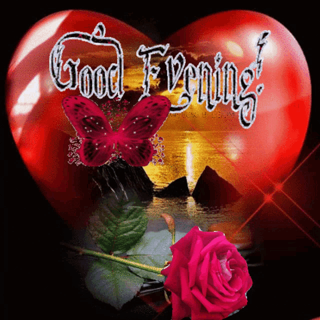 a red heart with the words " good evening " written on it