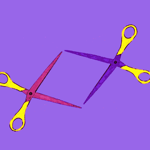 a pair of scissors with a lightning bolt coming out of them on a red and purple background