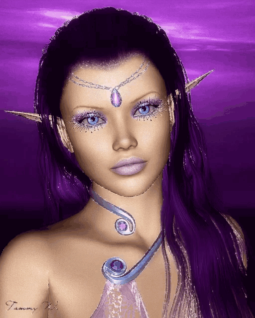 a woman with purple hair has a necklace around her neck