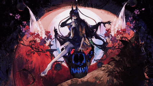 a painting of a woman sitting on top of a skull with the letters nm on it