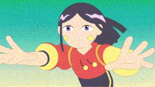 a cartoon of a girl in a red shirt with yellow sleeves
