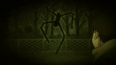 a man is looking at a silhouette of a monster in a dark forest
