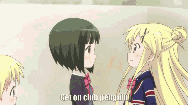 two anime girls are standing next to each other with the words " get on club penguin " on the bottom