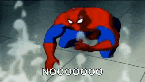a cartoon spider man is kneeling down on the floor and holding a bottle of water .