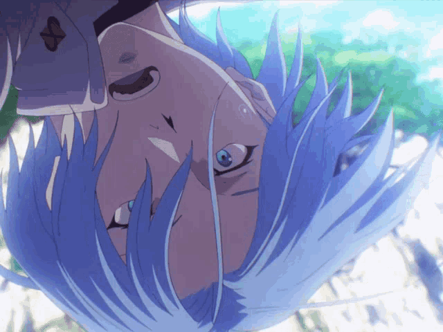 a blue haired anime character with a butterfly pin on his collar