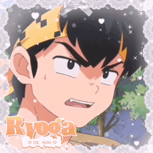 a close up of a cartoon character with the name ryuga on it