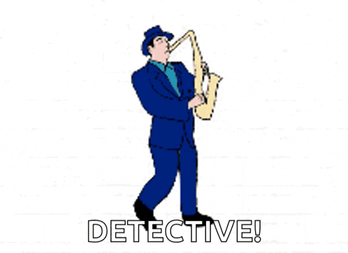 a man in a blue suit is playing a saxophone with the words detective written below him