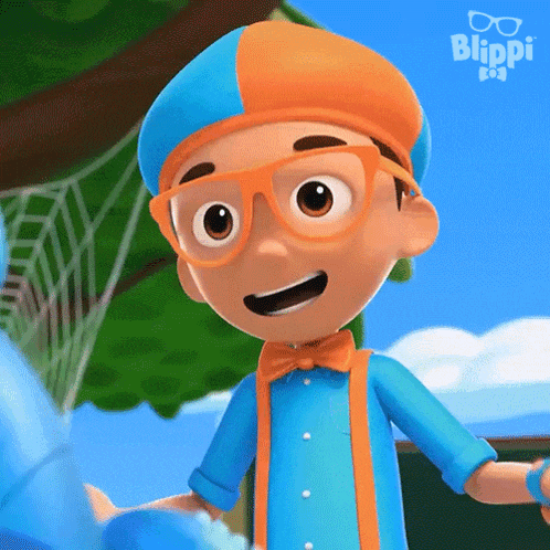 blippi is a cartoon character that is wearing glasses and a hat