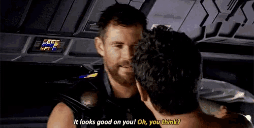 two men are talking to each other and one of them is asking the other if it looks good on you ! oh , you think ?