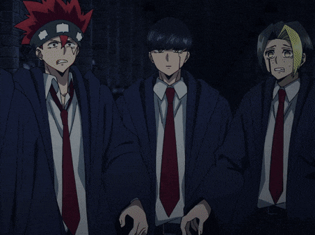 three anime characters standing next to each other with one wearing a red hat