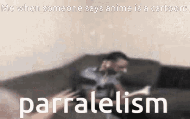 a man sitting on a couch playing a trumpet with the words parallelism written below him