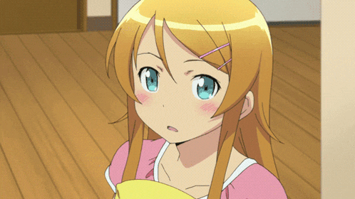 a girl with blonde hair and blue eyes is wearing a pink shirt and yellow apron