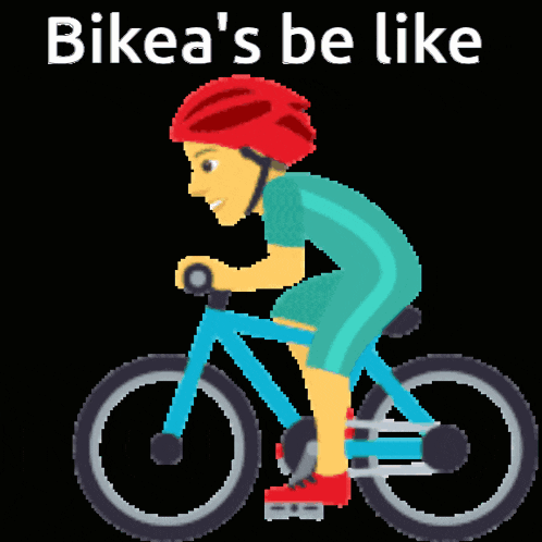 a pixel art illustration of a person riding a bike with the words bikea 's be like below them