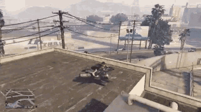 a person is riding a motorcycle on a roof in a video game .