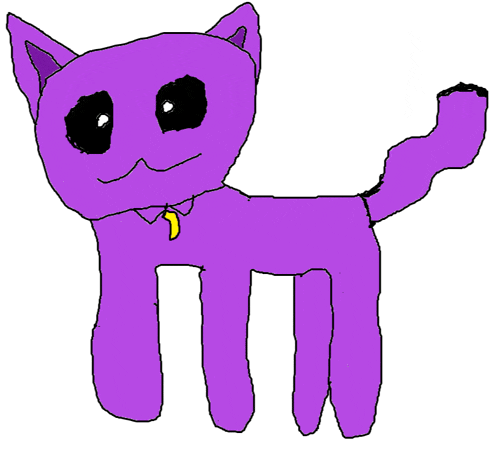 a drawing of a purple cat with black eyes