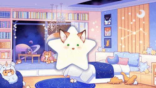 a room with a bed and a star with a fox face on it