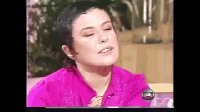 a woman in a pink shirt is sitting at a table and talking to someone on a television .