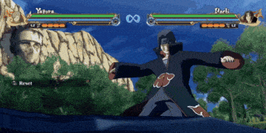 yagura and itachi are playing a video game with trees in the background