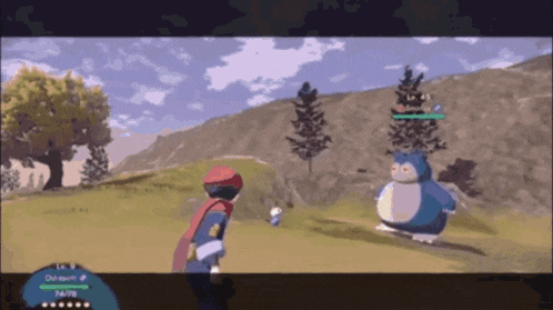 a video game screen shows a man standing next to a snorlax pokemon