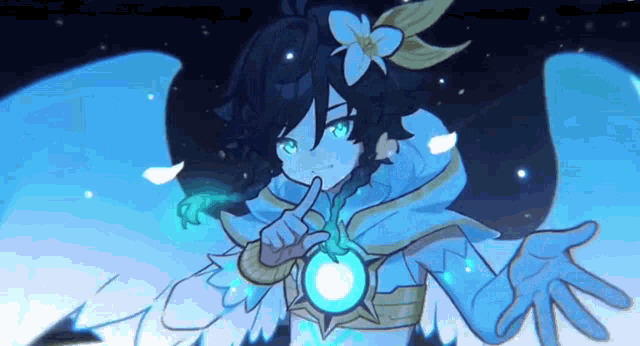 a cartoon character with wings and a flower on his head is holding a blue sphere in his hand .