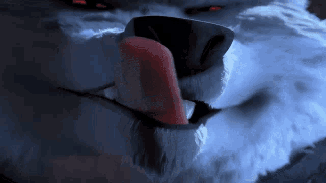 a close up of a cartoon animal licking its nose