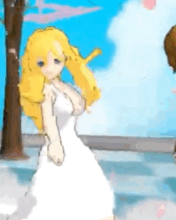 a cartoon girl in a white dress is standing next to a man .