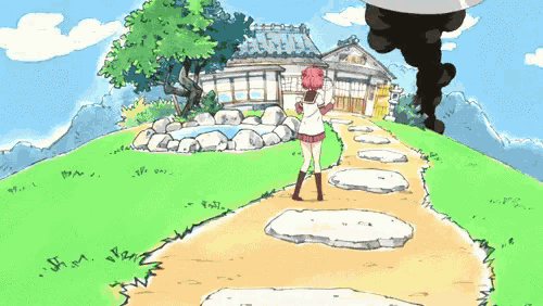 a cartoon drawing of a girl standing on a path in front of a house