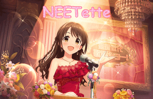 a girl in a red dress stands in front of a microphone with the word neetette written on it