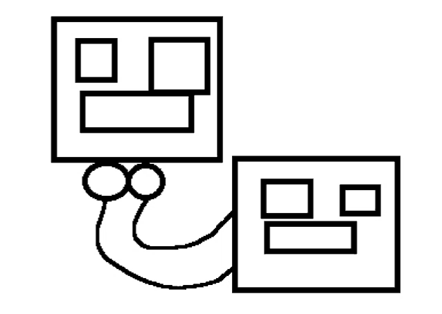 a black and white drawing of two squares connected to each other by a wire .