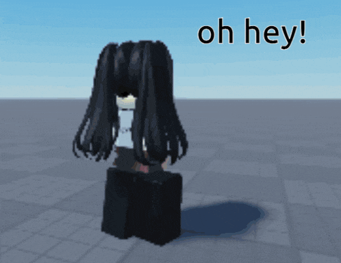 a girl with black hair is standing on a brick floor and says oh hey