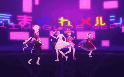 a group of anime girls are dancing in front of a sign that says impossible merry