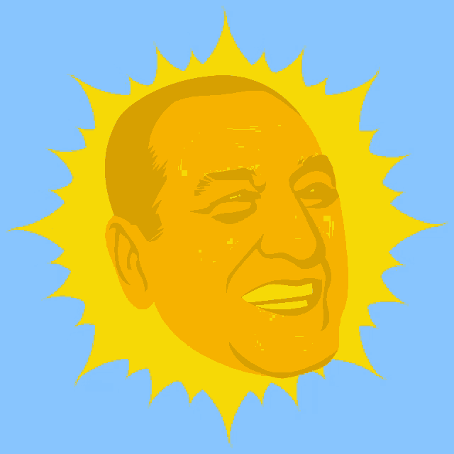 a cartoon drawing of a man 's face with a sun behind him