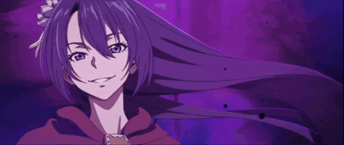 a girl with long purple hair and a red cape