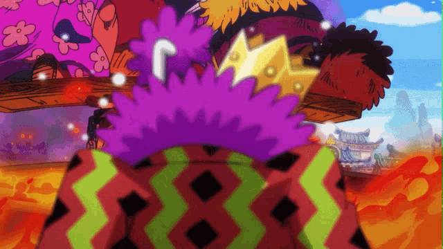 a cartoon character with a purple wig and a yellow star on his head