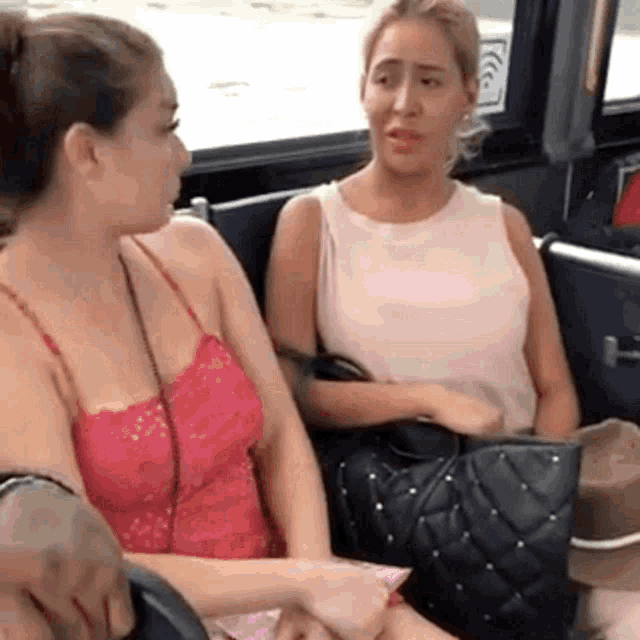 two women are sitting on a bus and one of them is wearing a pink top