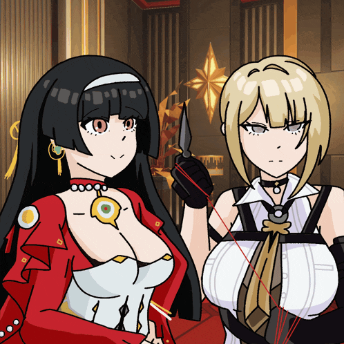 two anime girls are standing next to each other