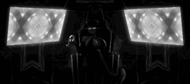 a black and white drawing of a woman sitting on a throne with red eyes .