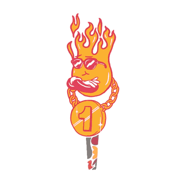 a cartoon drawing of a man with flames on his head wearing sunglasses and a gold chain with the letter y on it