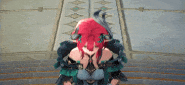 a video game character with red hair and horns is sitting on a staircase